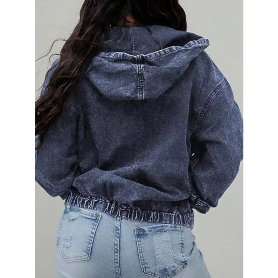 Vintage Washed Zip Up Hooded Denim Jacket Apparel and Accessories