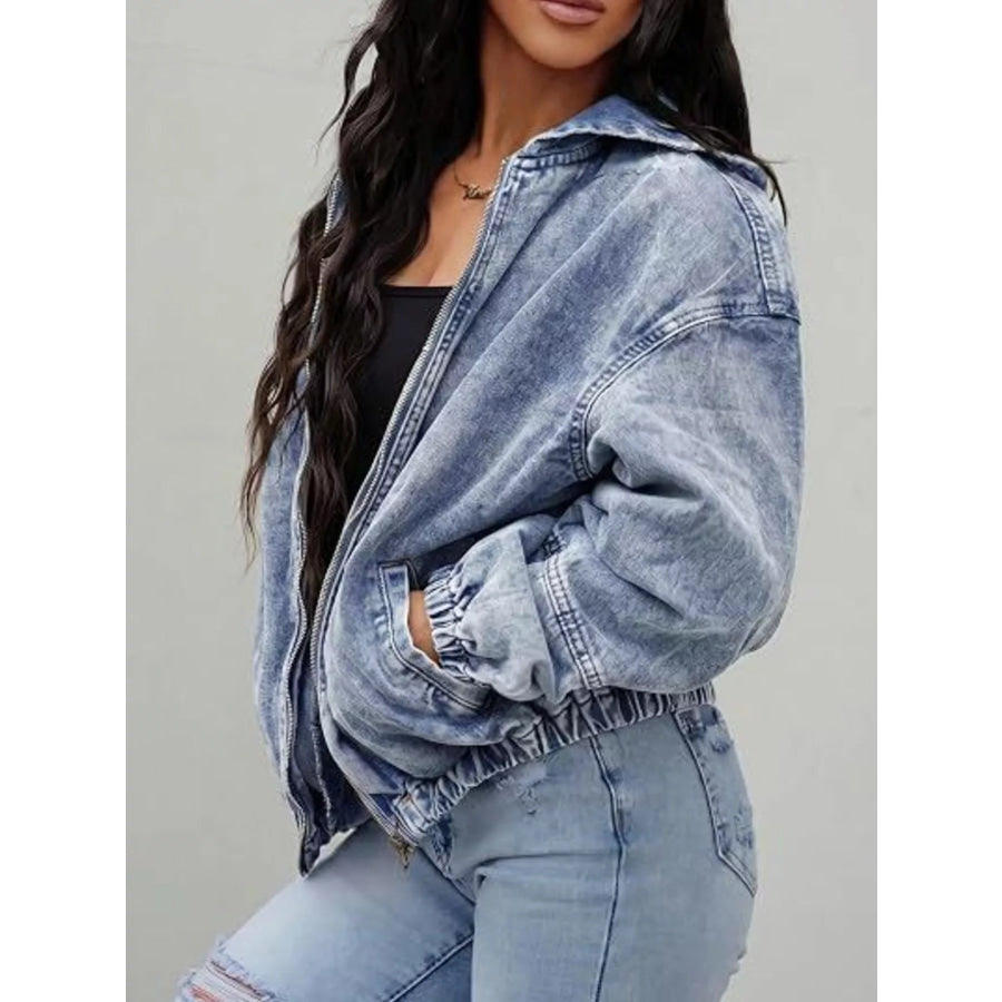 Vintage Washed Zip Up Hooded Denim Jacket Apparel and Accessories