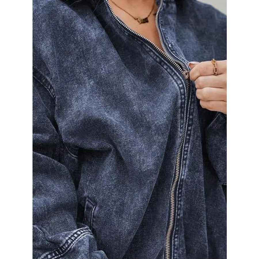 Vintage Washed Zip Up Hooded Denim Jacket Apparel and Accessories