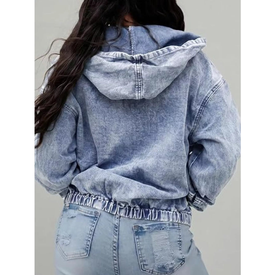 Vintage Washed Zip Up Hooded Denim Jacket Apparel and Accessories