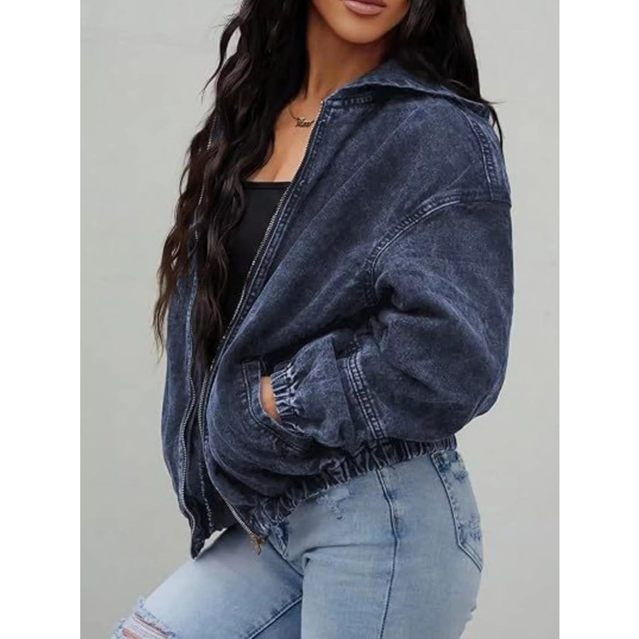 Vintage Washed Zip Up Hooded Denim Jacket Apparel and Accessories