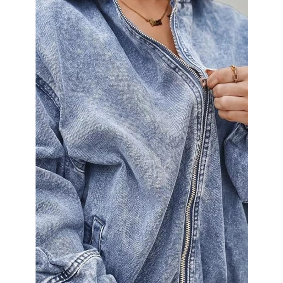 Vintage Washed Zip Up Hooded Denim Jacket Apparel and Accessories