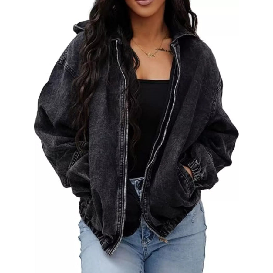 Vintage Washed Zip Up Hooded Denim Jacket Black / S Apparel and Accessories