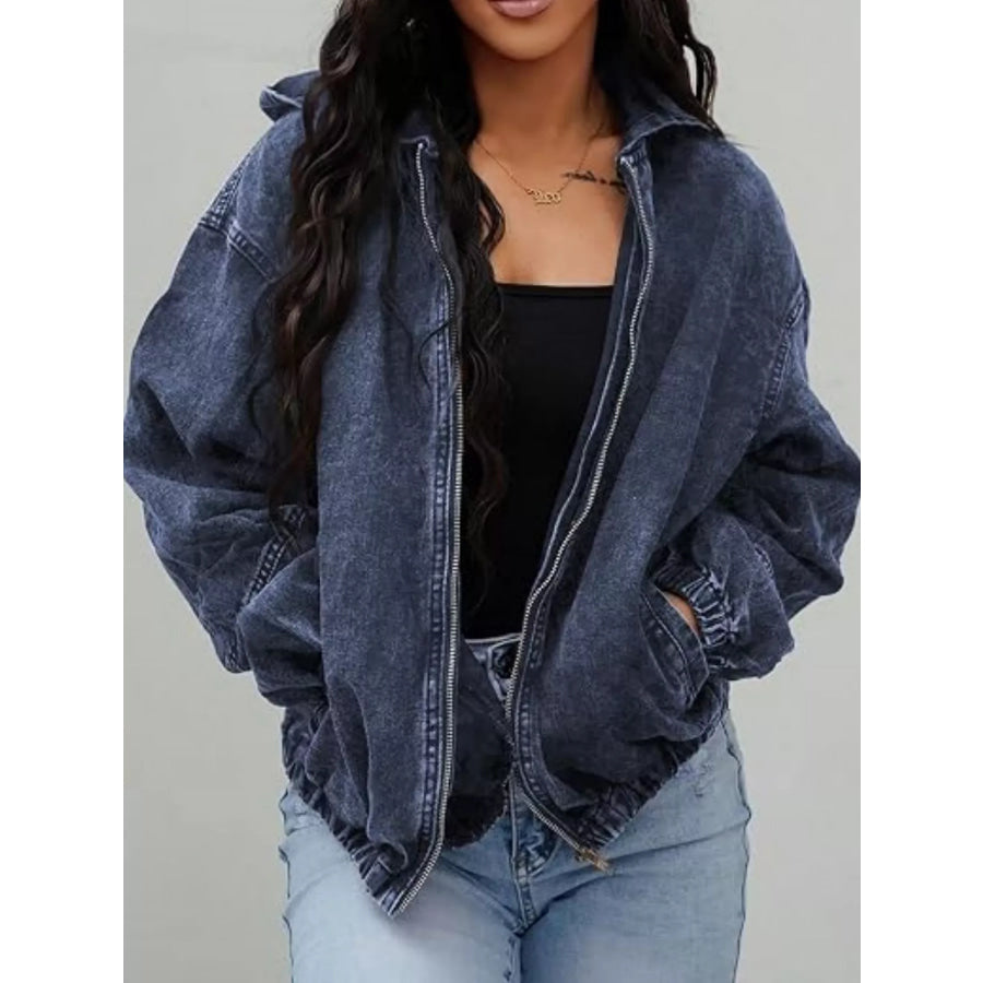 Vintage Washed Zip Up Hooded Denim Jacket Dark Blue / S Apparel and Accessories