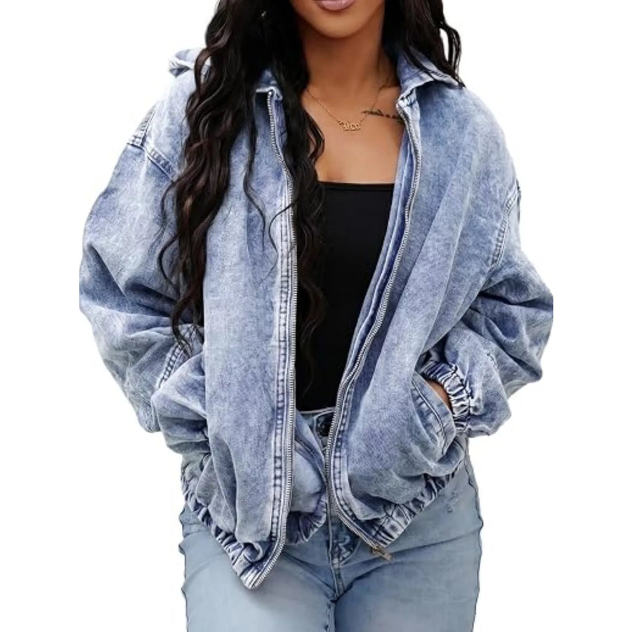 Vintage Washed Zip Up Hooded Denim Jacket Sky Blue / S Apparel and Accessories