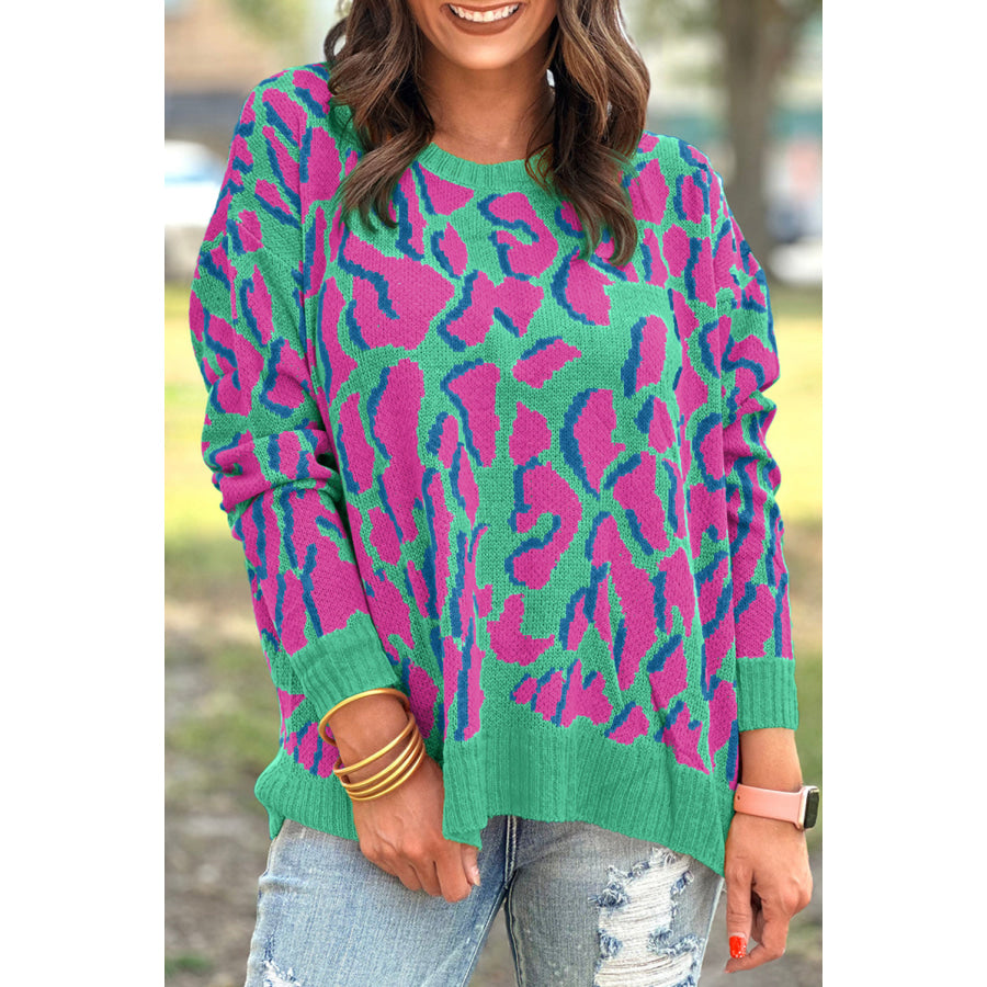Vitality Orange Abstract Print Ribbed Trim Baggy Sweater Green / S / 50% Viscose + 28% Polyester + 22% Polyamide Sale (50% OFF)/Sale (50%