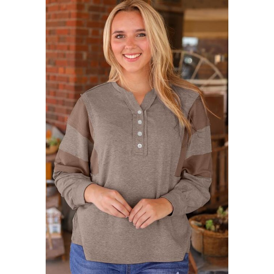 Waffle Buttoned Long Sleeve Top Mocha / S