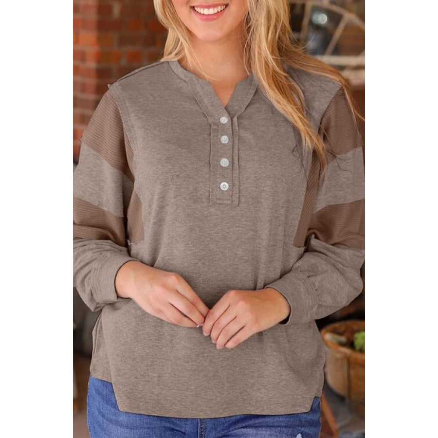 Waffle Buttoned Long Sleeve Top