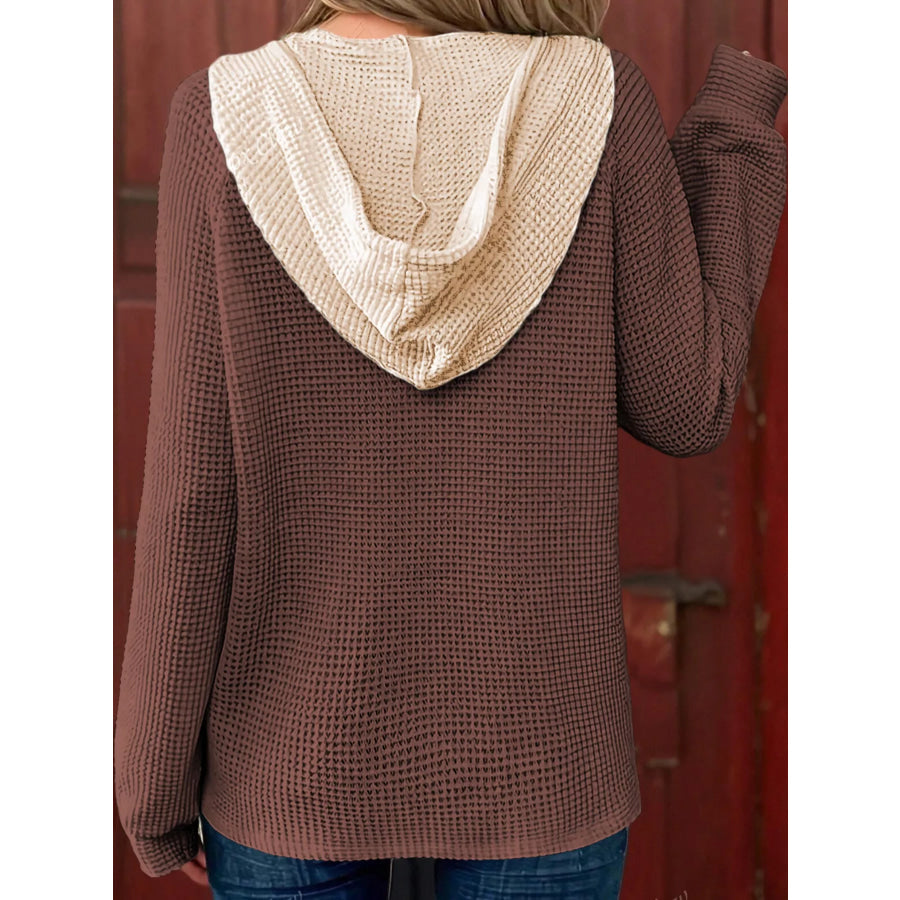 Waffle Contrast Half Buttoned Hooded Pullover Top Apparel and Accessories