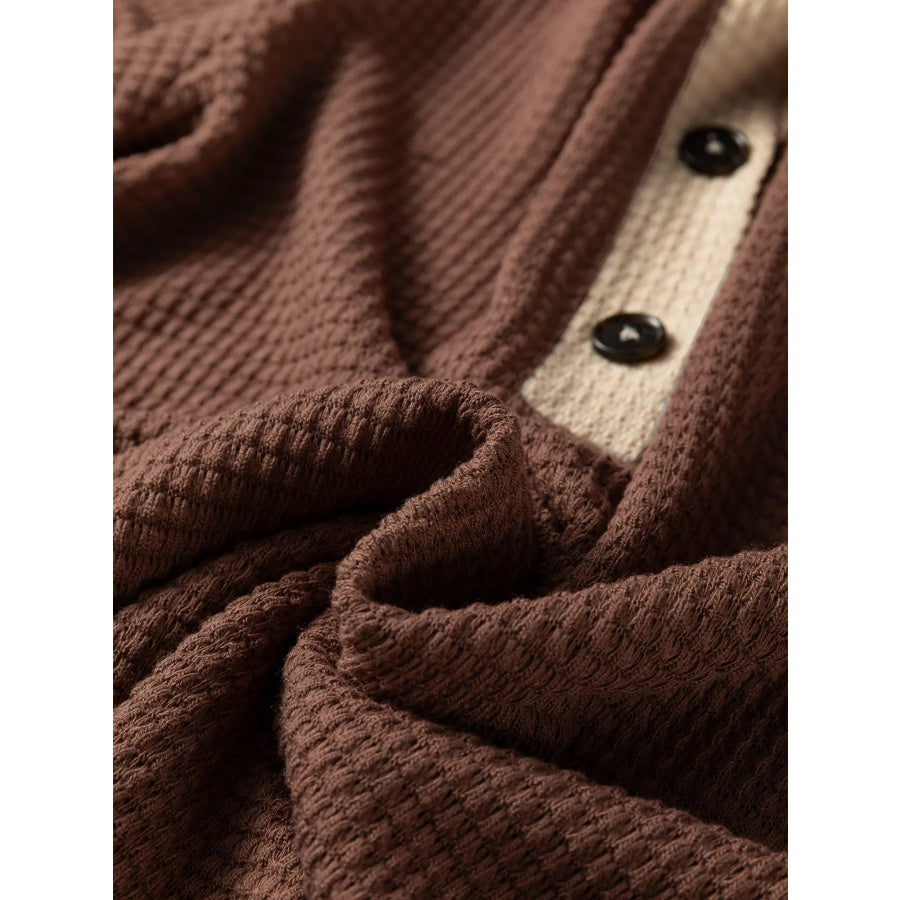 Waffle Contrast Half Buttoned Hooded Pullover Top Apparel and Accessories
