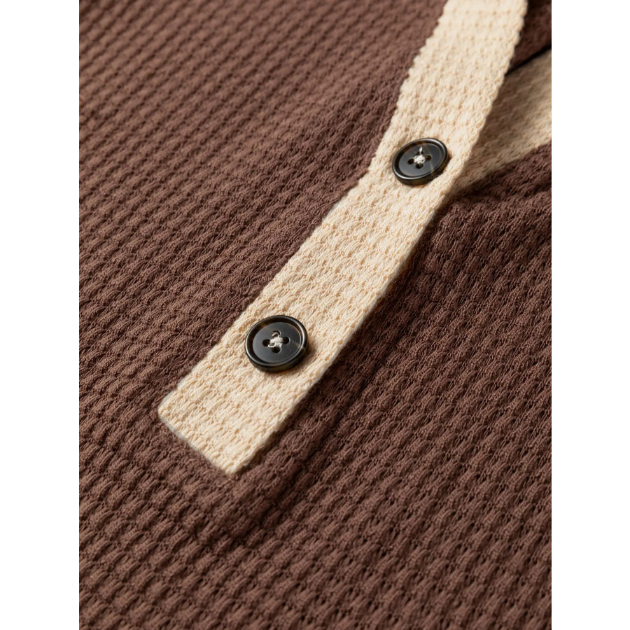 Waffle Contrast Half Buttoned Hooded Pullover Top Apparel and Accessories