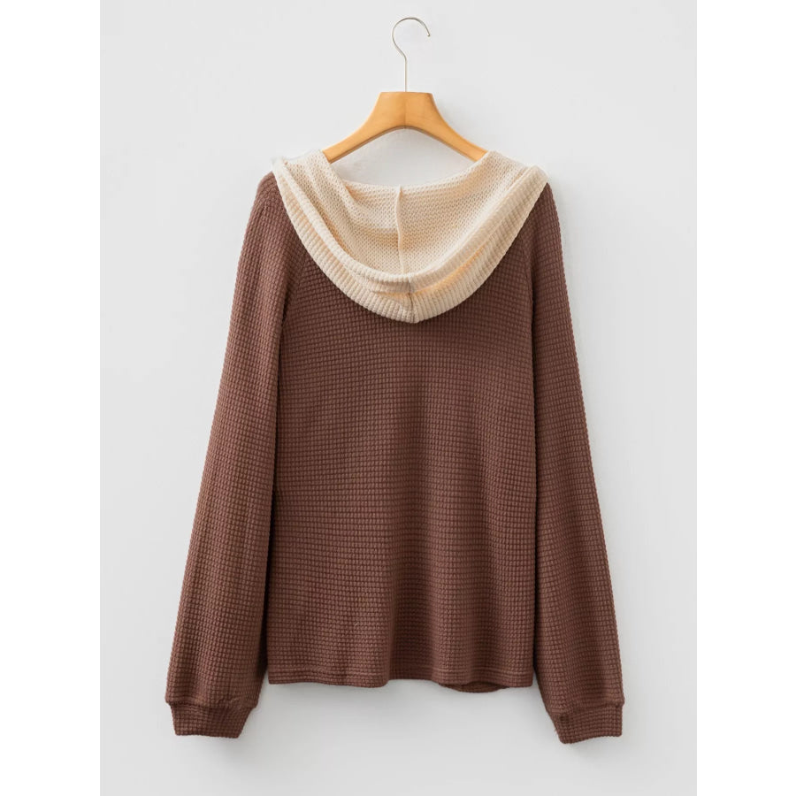 Waffle Contrast Half Buttoned Hooded Pullover Top Apparel and Accessories
