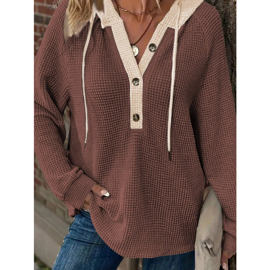 Waffle Contrast Half Buttoned Hooded Pullover Top Apparel and Accessories