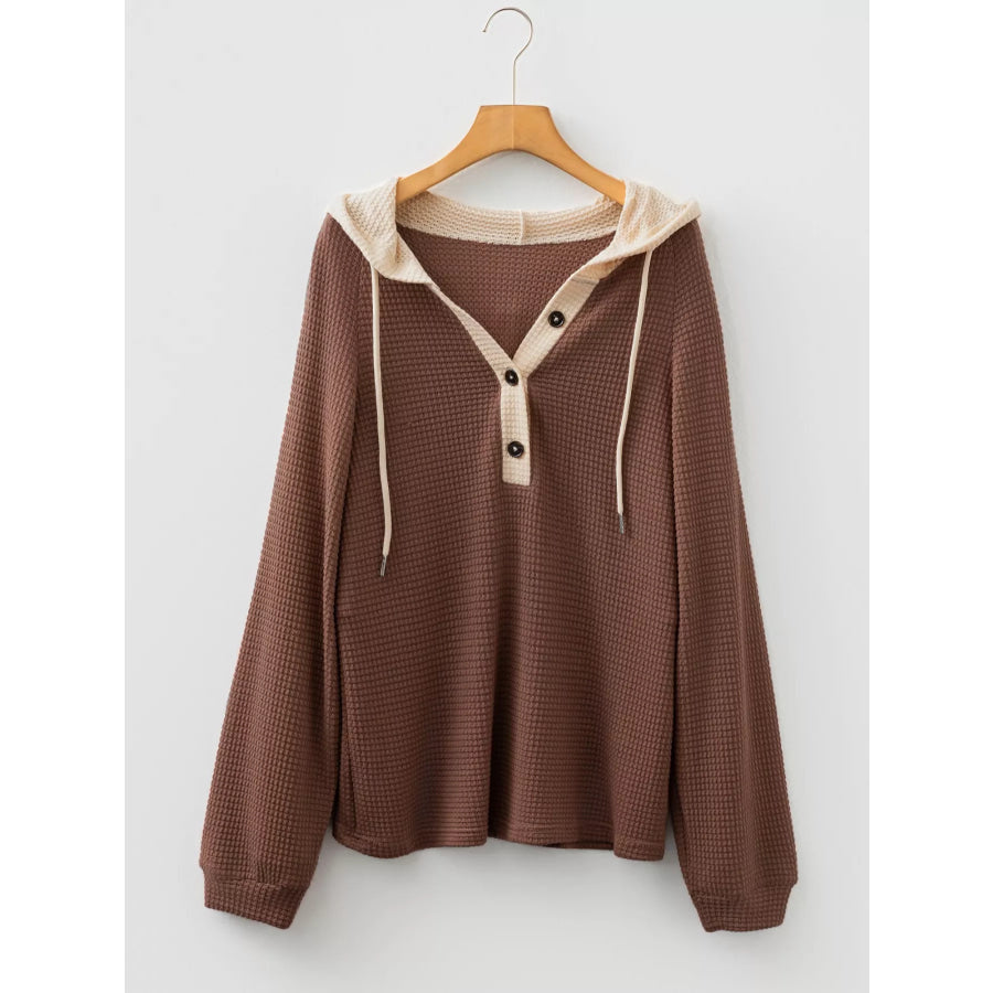 Waffle Contrast Half Buttoned Hooded Pullover Top Apparel and Accessories