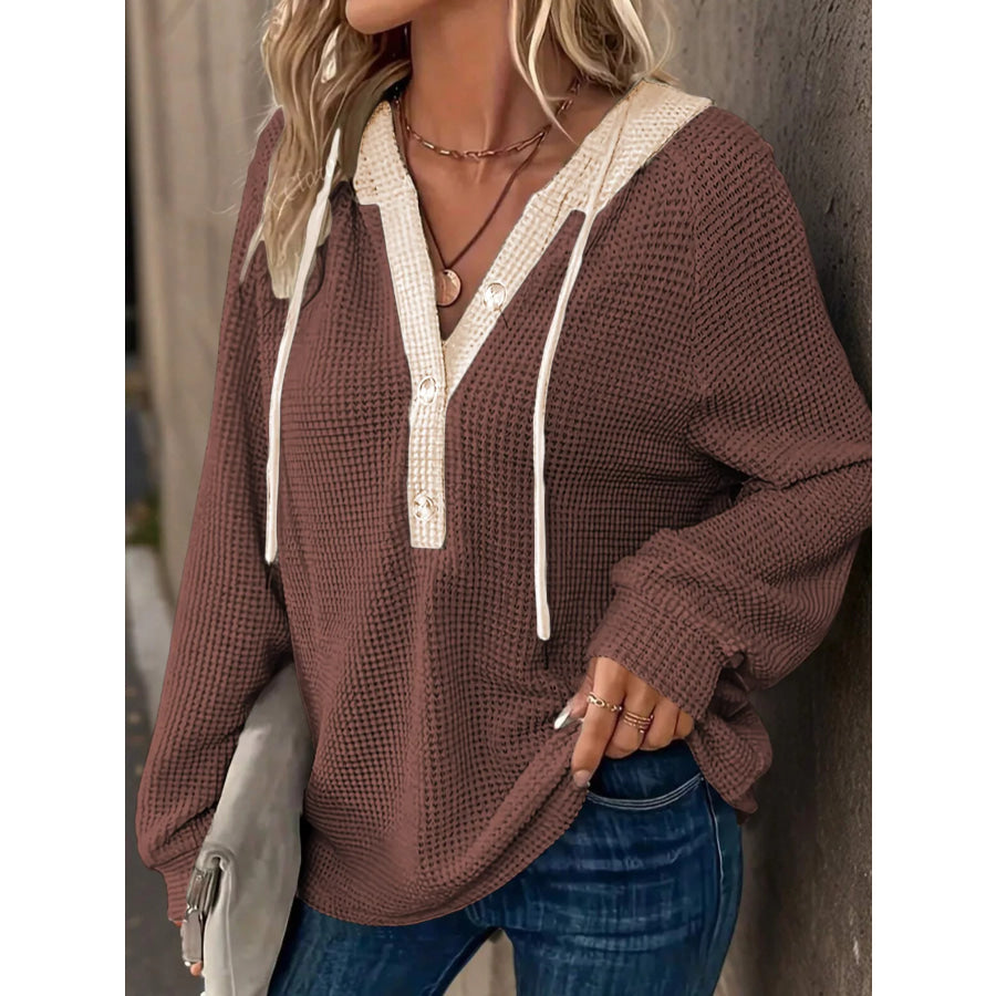 Waffle Contrast Half Buttoned Hooded Pullover Top Dark Brown / S Apparel and Accessories