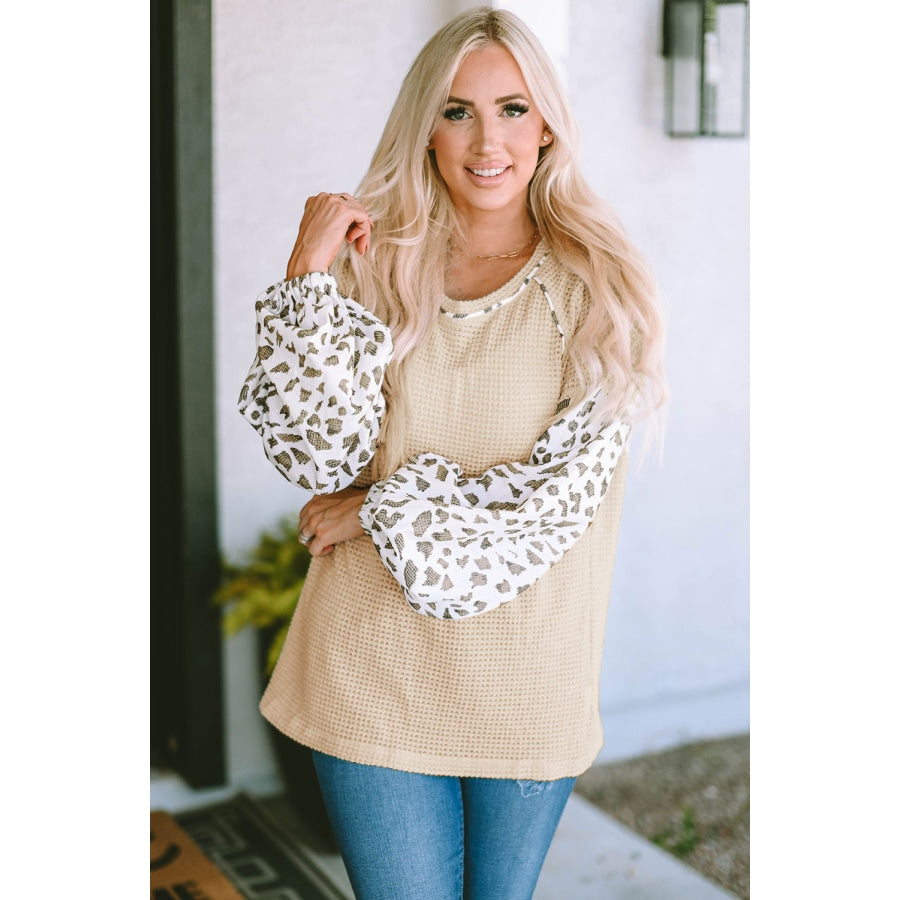 Waffle-Knit Balloon Sleeve Blouse