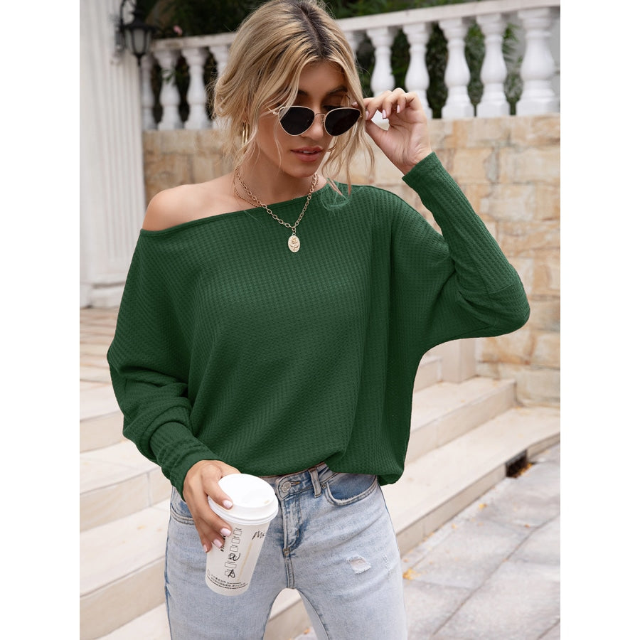 Waffle-Knit Boat Neck Long Sleeve Top Green / S