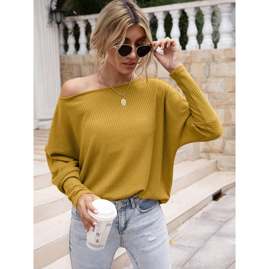 Waffle-Knit Boat Neck Long Sleeve Top Mustard / S