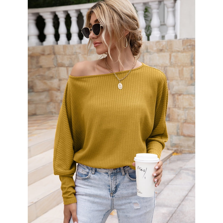 Waffle-Knit Boat Neck Long Sleeve Top