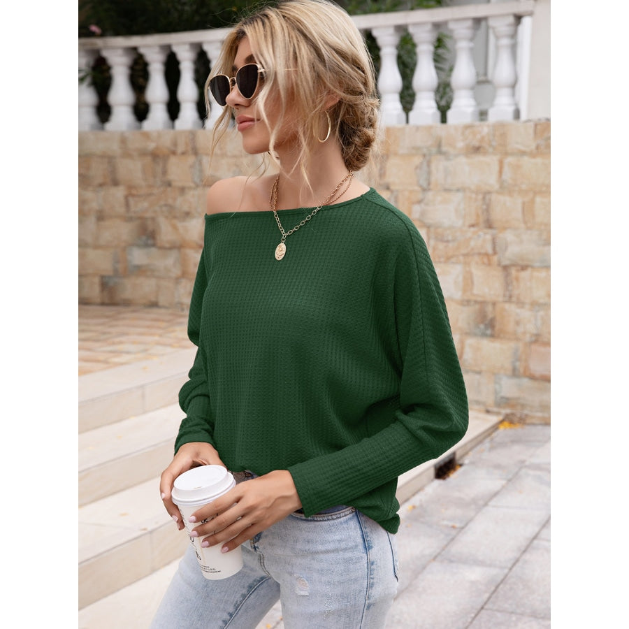 Waffle-Knit Boat Neck Long Sleeve Top