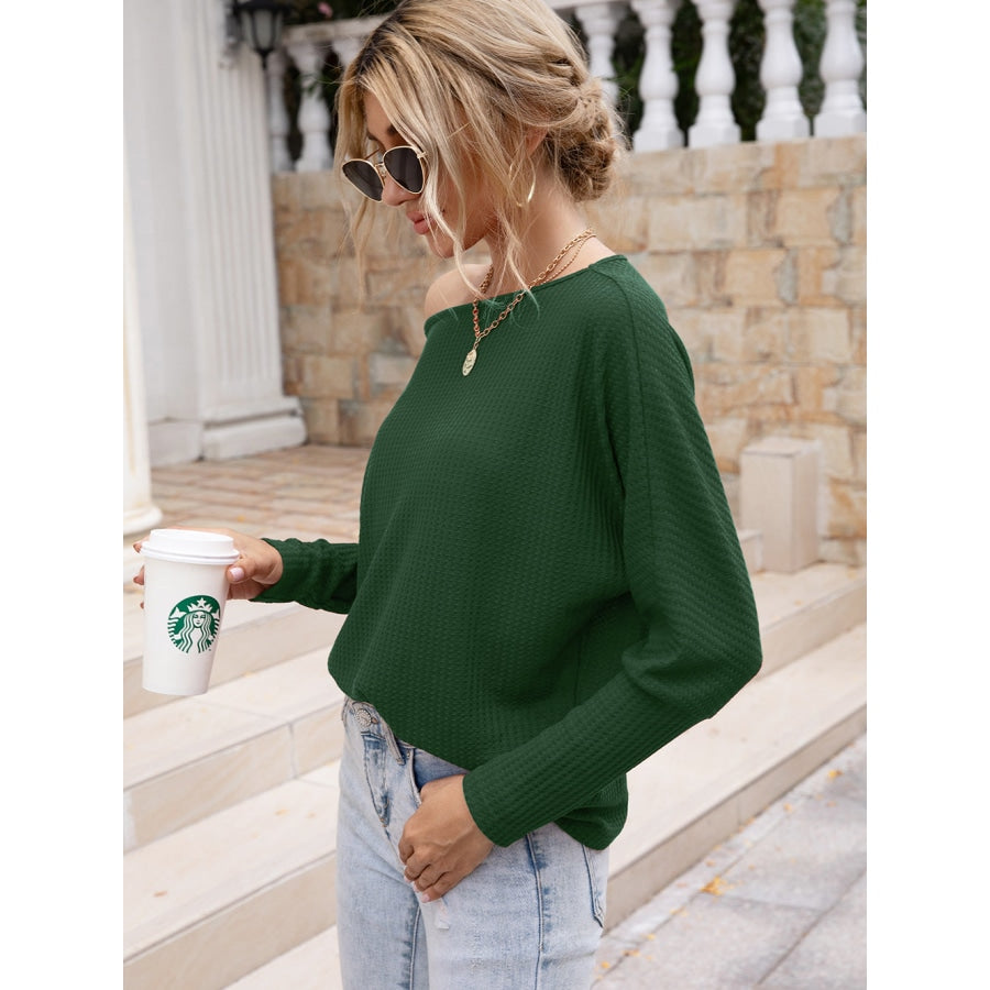 Waffle-Knit Boat Neck Long Sleeve Top