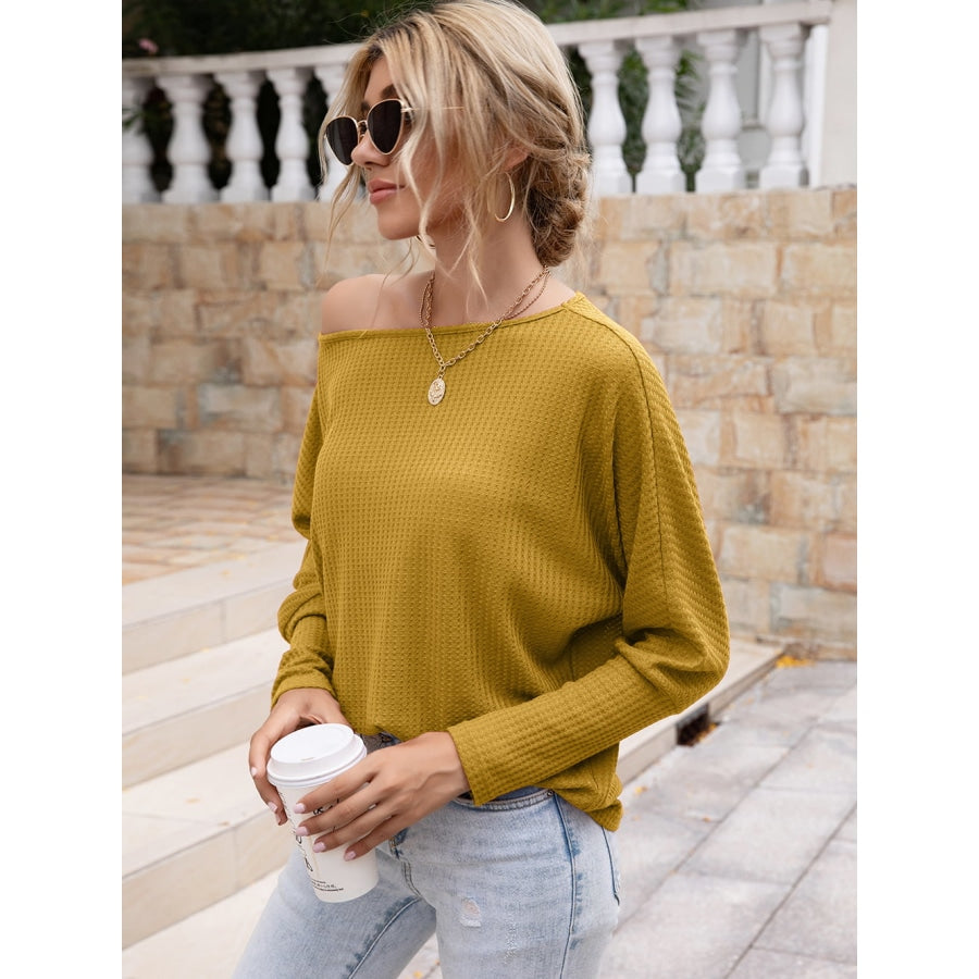 Waffle-Knit Boat Neck Long Sleeve Top