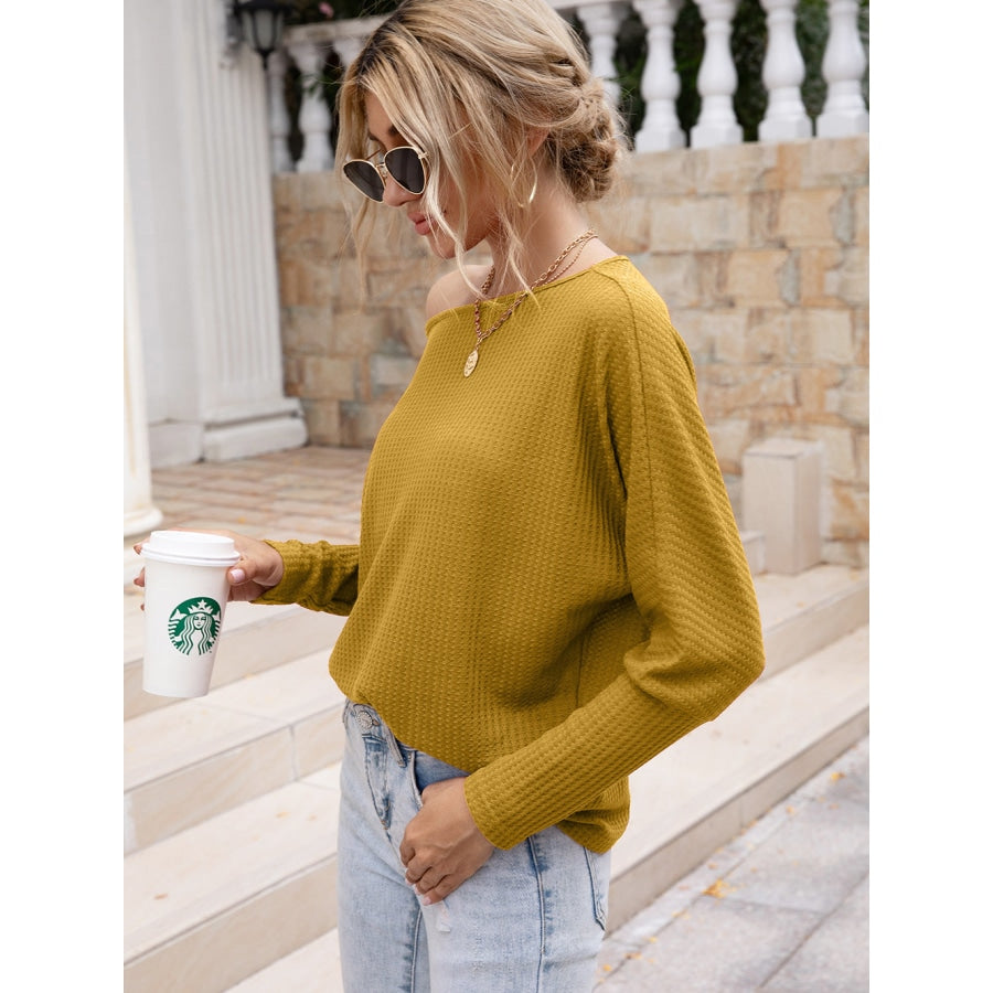 Waffle-Knit Boat Neck Long Sleeve Top