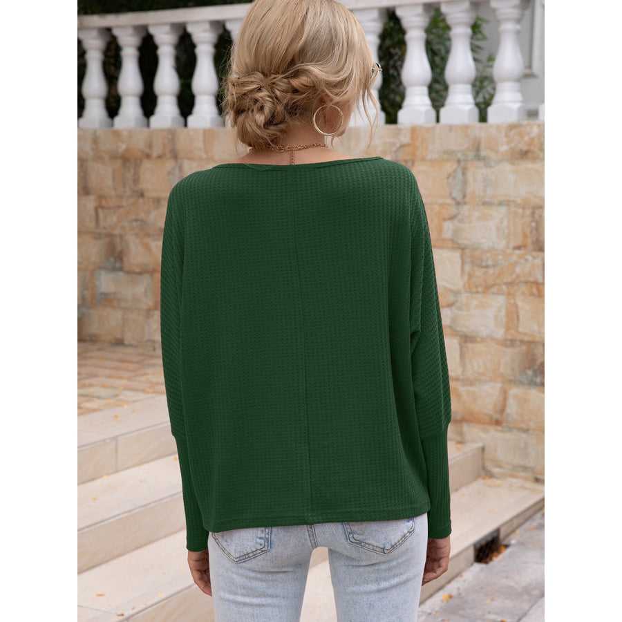 Waffle-Knit Boat Neck Long Sleeve Top