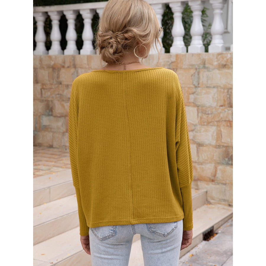 Waffle-Knit Boat Neck Long Sleeve Top