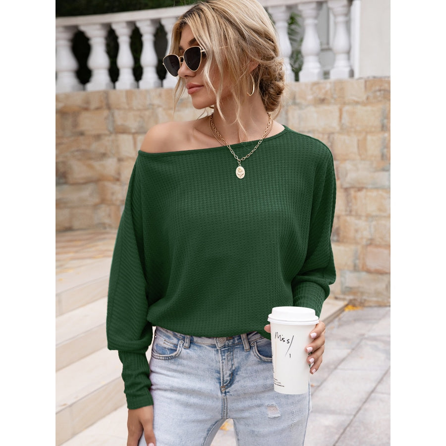 Waffle-Knit Boat Neck Long Sleeve Top