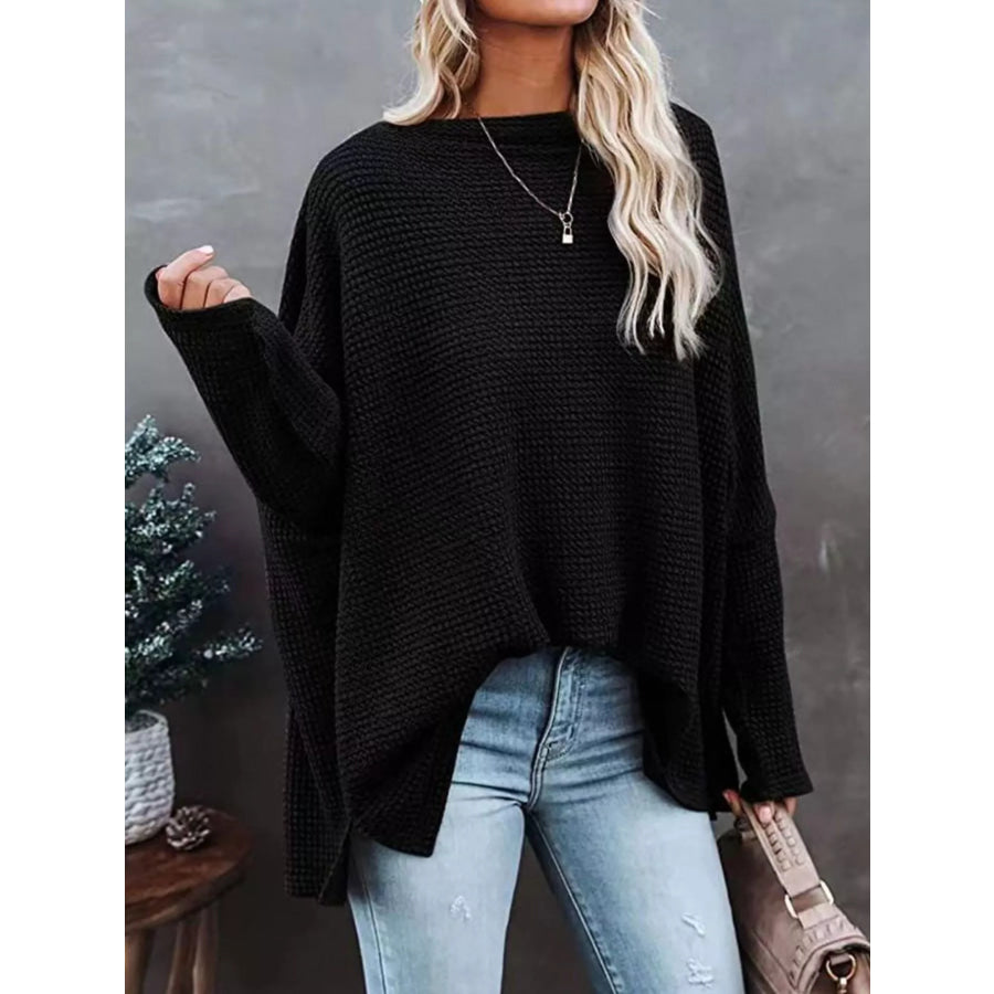 Waffle Knit Boat Neck T-Shirt Black / S Apparel and Accessories