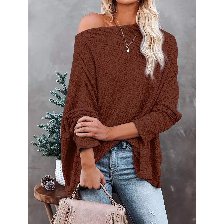 Waffle Knit Boat Neck T-Shirt Light Brown / S Apparel and Accessories