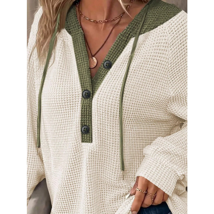 Waffle Knit Button Detail Drawstring Hoodie Apparel and Accessories
