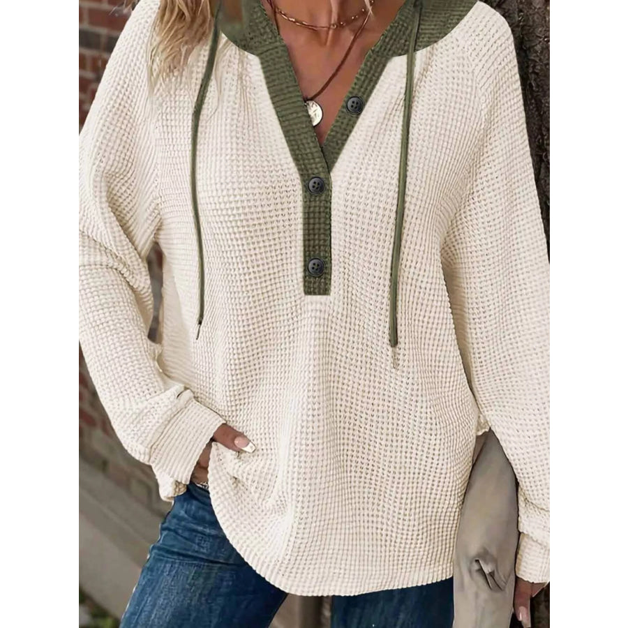Waffle Knit Button Detail Drawstring Hoodie Apparel and Accessories