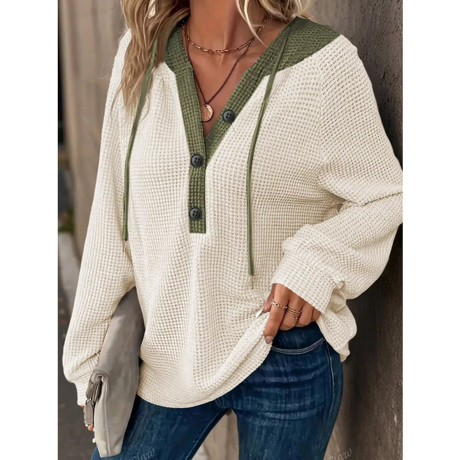 Waffle Knit Button Detail Drawstring Hoodie Beige / S Apparel and Accessories