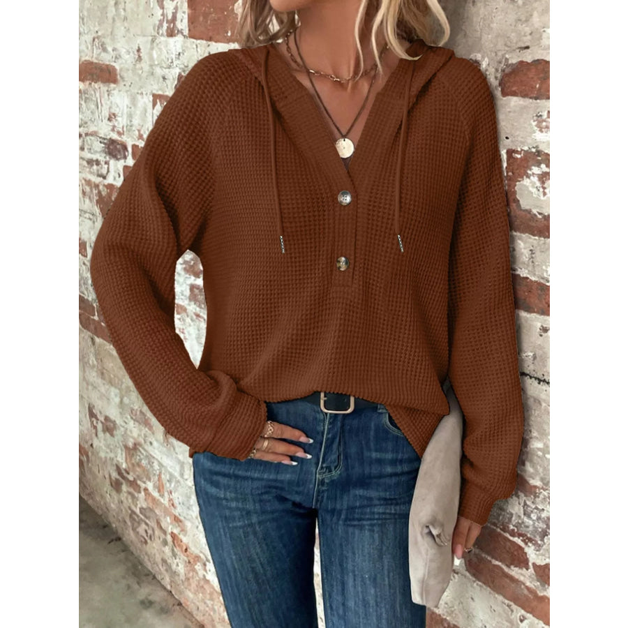 Waffle Knit Button Detail Hoodie Caramel / XS Apparel and Accessories