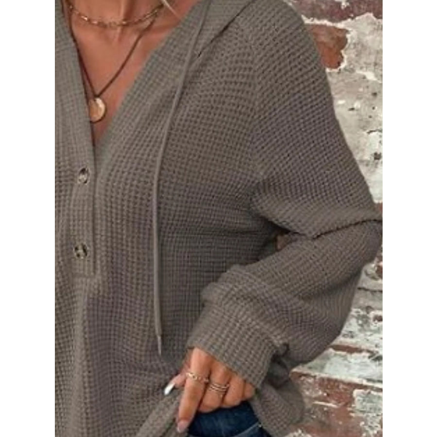 Waffle Knit Button Detail Hoodie Apparel and Accessories