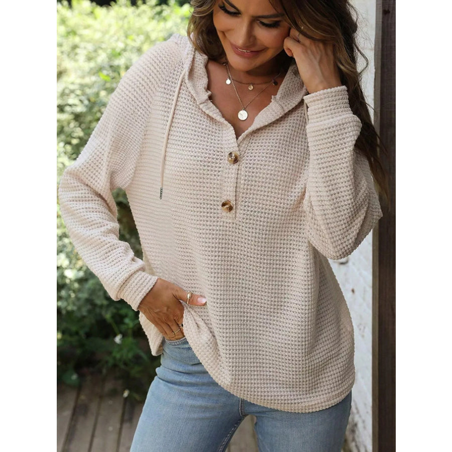 Waffle Knit Button Detail Hoodie Apparel and Accessories