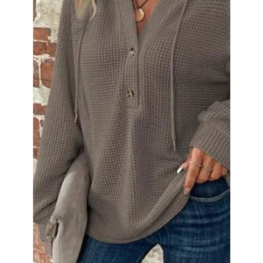 Waffle Knit Button Detail Hoodie Apparel and Accessories