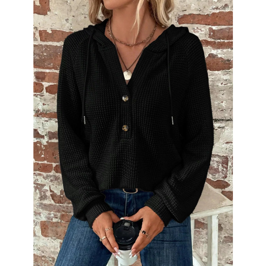 Waffle Knit Button Detail Hoodie Black / XS Apparel and Accessories