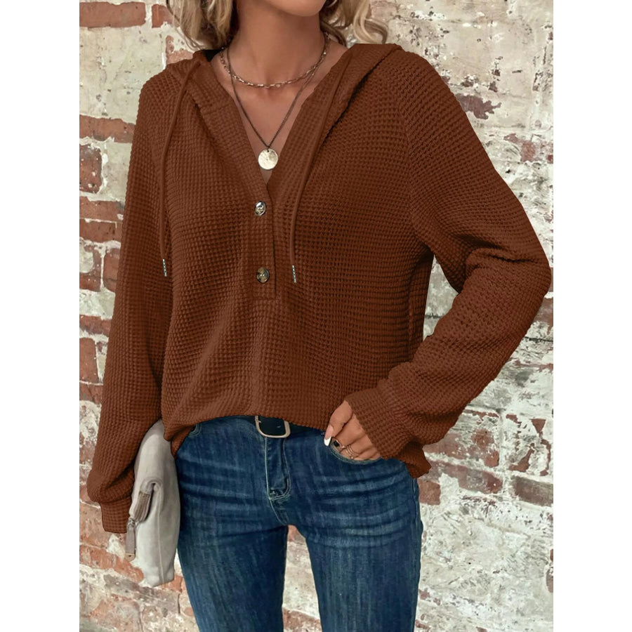 Waffle Knit Button Detail Hoodie Caramel / XS Apparel and Accessories
