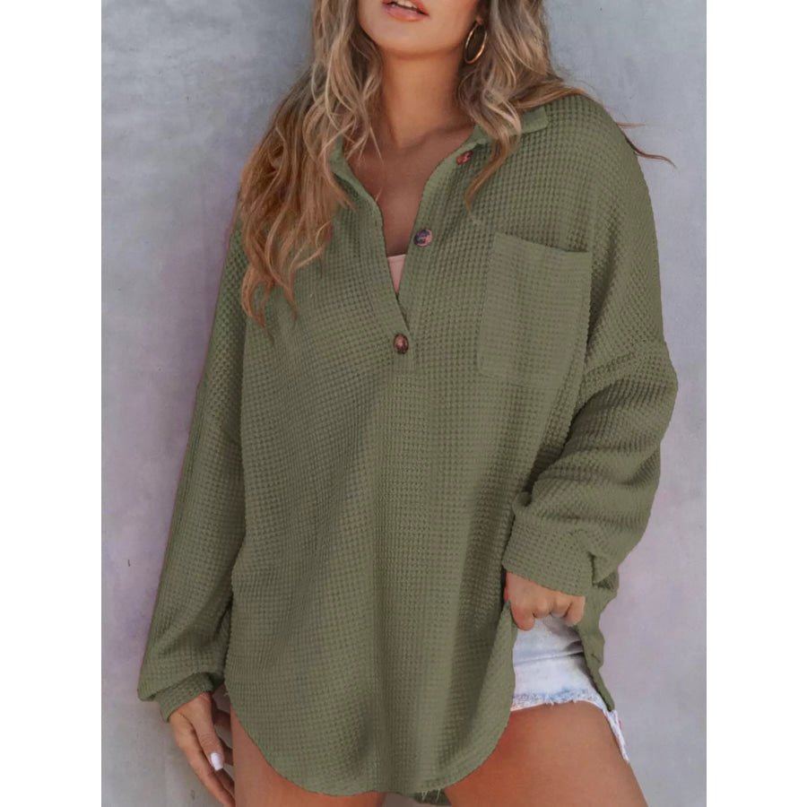 Waffle Knit Button Detail T-Shirt with Pocket Army Green / S Apparel and Accessories