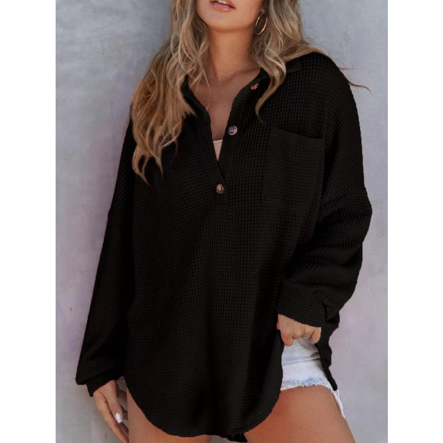 Waffle Knit Button Detail T-Shirt with Pocket Black / S Apparel and Accessories