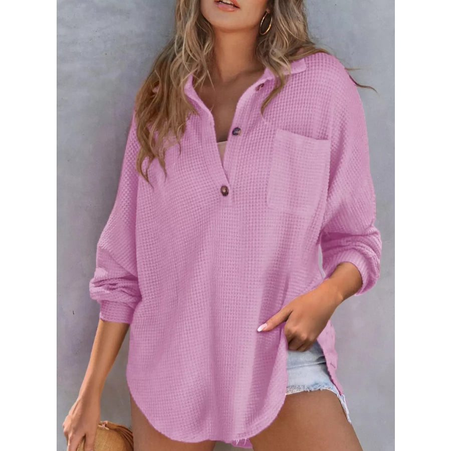 Waffle Knit Button Detail T-Shirt with Pocket Light Purple / S Apparel and Accessories