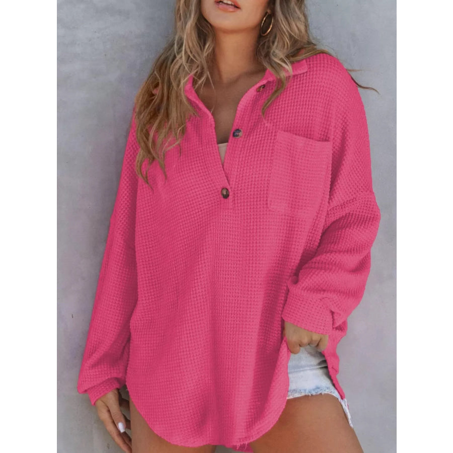 Waffle Knit Button Detail T-Shirt with Pocket Rose Red / S Apparel and Accessories