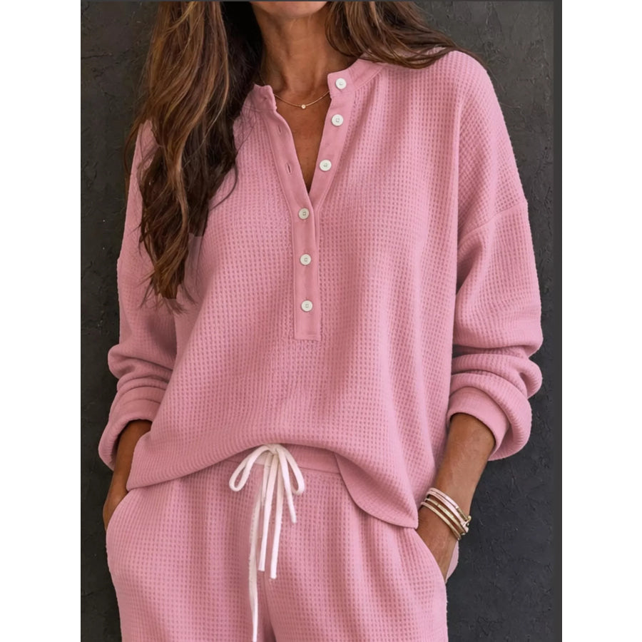 Waffle Knit Button Detail Top and Pants Set Apparel Accessories