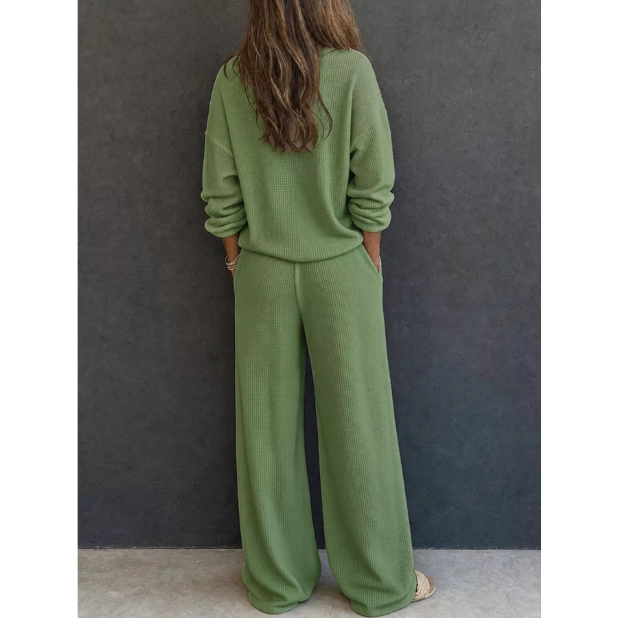 Waffle Knit Button Detail Top and Pants Set Apparel Accessories
