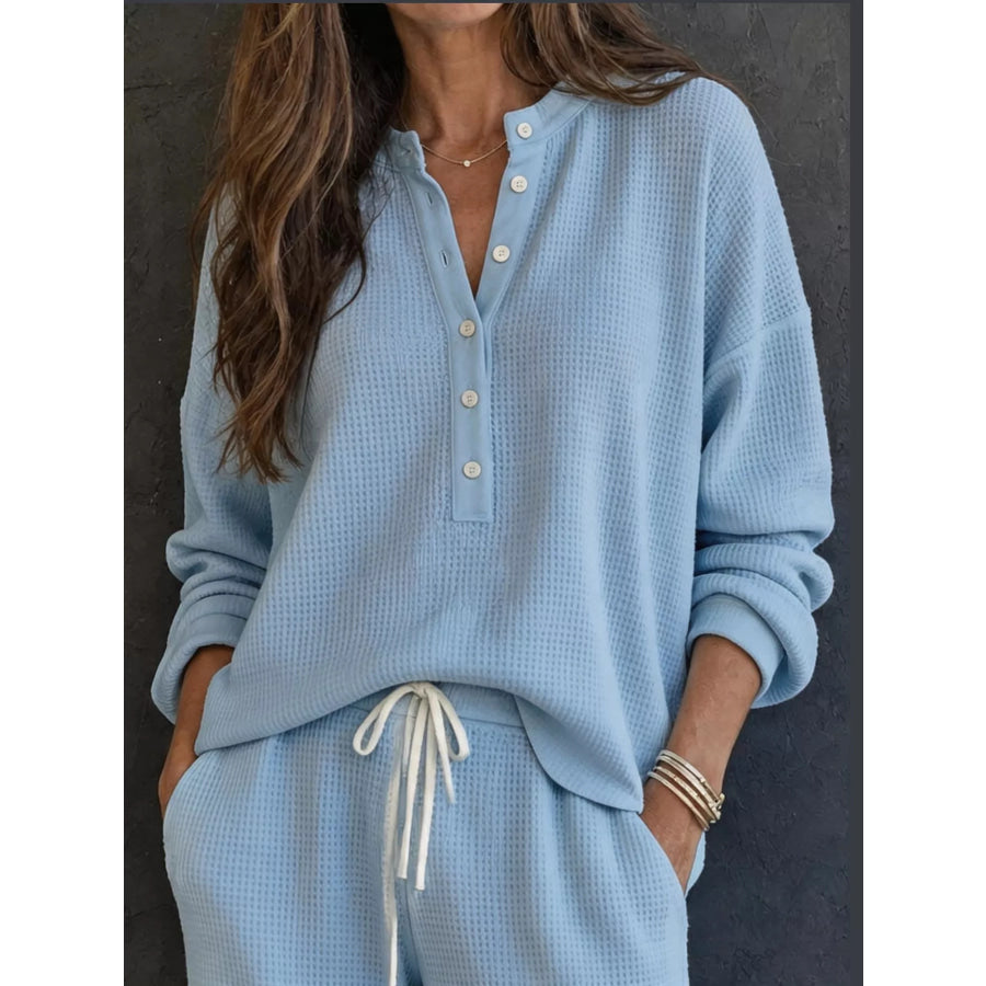 Waffle Knit Button Detail Top and Pants Set Apparel Accessories
