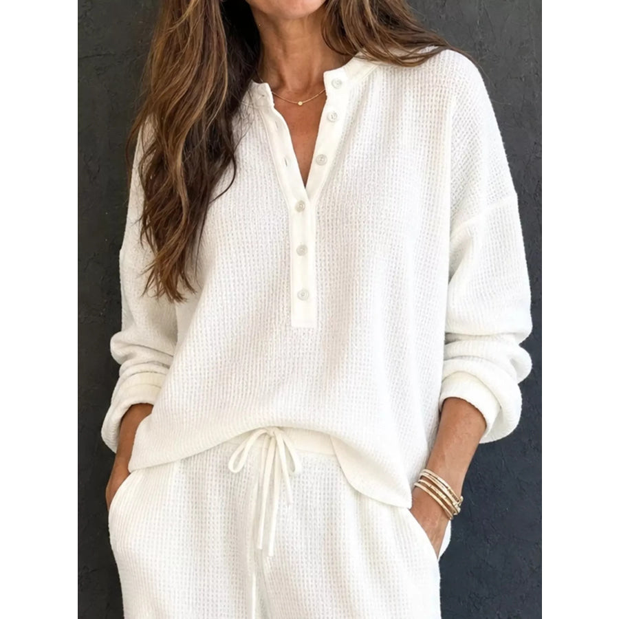 Waffle Knit Button Detail Top and Pants Set Apparel Accessories