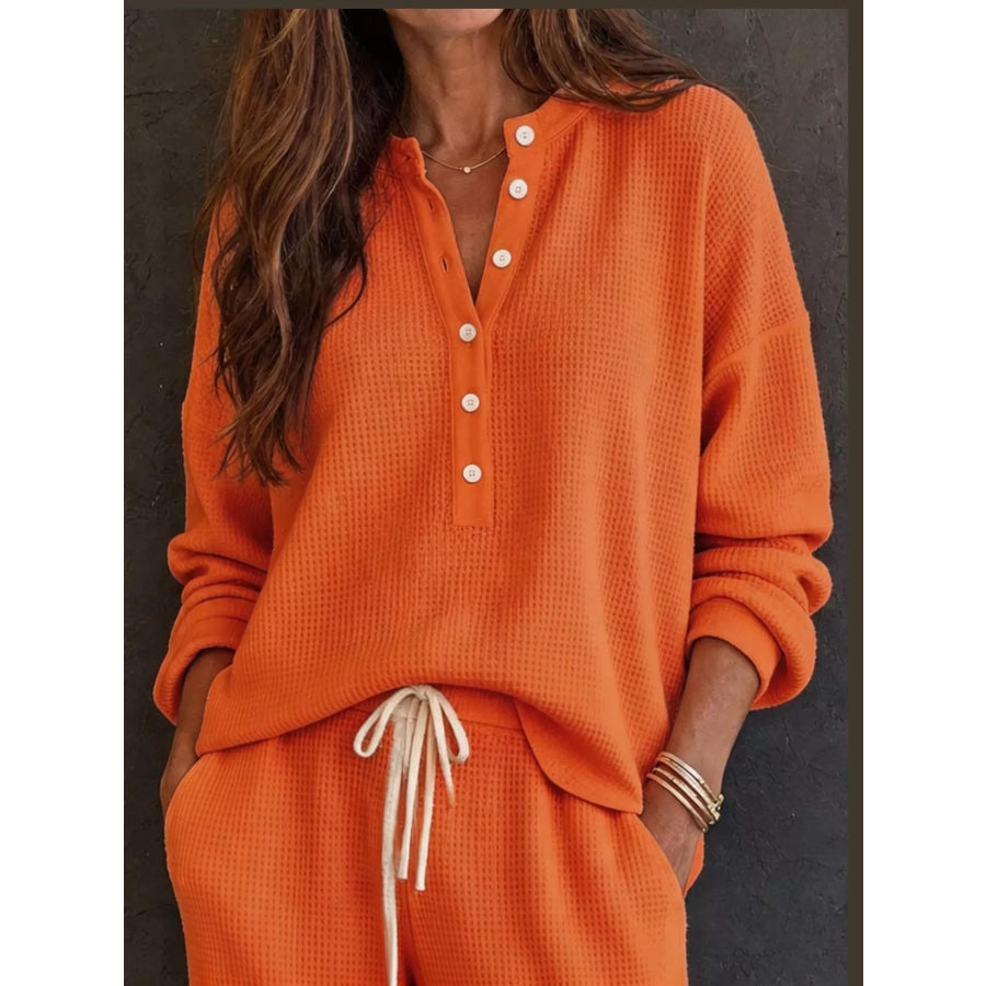 Waffle Knit Button Detail Top and Pants Set Apparel Accessories